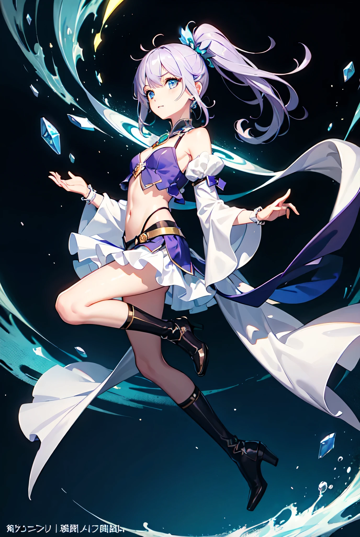 Close-up of a boy wearing a white crop top dress with a jewelry brooch、Official artwork、He has long cyan-purple hair、Boy with long purple hair、blue Eyed Boy、Side Ponytail、Long legs、solo、blue mini skirt、Black knee socks、blue Boots、short puffy sleeves、white panty、blue wrist cuffs、Cool Magic Boy、Official character art、Splash art anime、style of Magic Boy、Full body close-up、Official Fan Art、Anime Moe Art Style、Happy!!!、!!Full body portrait!!、Official character illustration、sparkling Magic Boy、Heavenly Aura、Sapphire Prince、Hymn to the King as a Prince、Magic Boy、Cowboy Shot、portrait of Magic Boy、a boy is a standing、looking at viewer、blue&#39;s iconic character、perfect costume、perfect body、perfect hands、perfect arms、perfect legale body:1.3)、