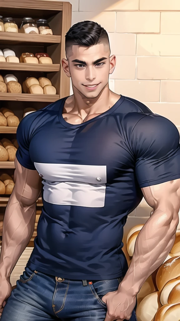 1 man,(Skinheads hairstyles) ,black eye,(Wear a fitted round neck t-shirt in navy with a police badge.:1.3),(fit neck),Navy blue jeans,(black_gloves), Korean guy,chest muscles,large arm muscles,blood vessel,Big muscles,Broad shoulders, smile, middle of the road,(In the desert:1.2),(full_shot:1.6),(In the bread shop:1.2),