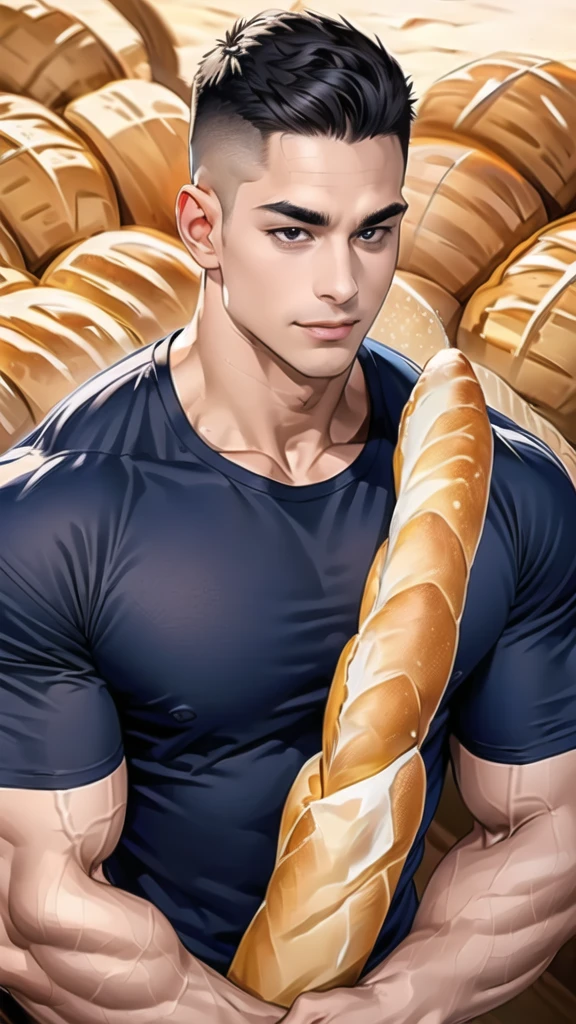1 man,(Skinheads hairstyles) ,black eye,(Wear a fitted round neck t-shirt in navy with a police badge.:1.3),(fit neck),Navy blue jeans,(black_gloves), Korean guy,chest muscles,large arm muscles,blood vessel,Big muscles,Broad shoulders, smile, middle of the road,(In the desert:1.2),(full_shot:1.6),(In the bread shop:1.2),