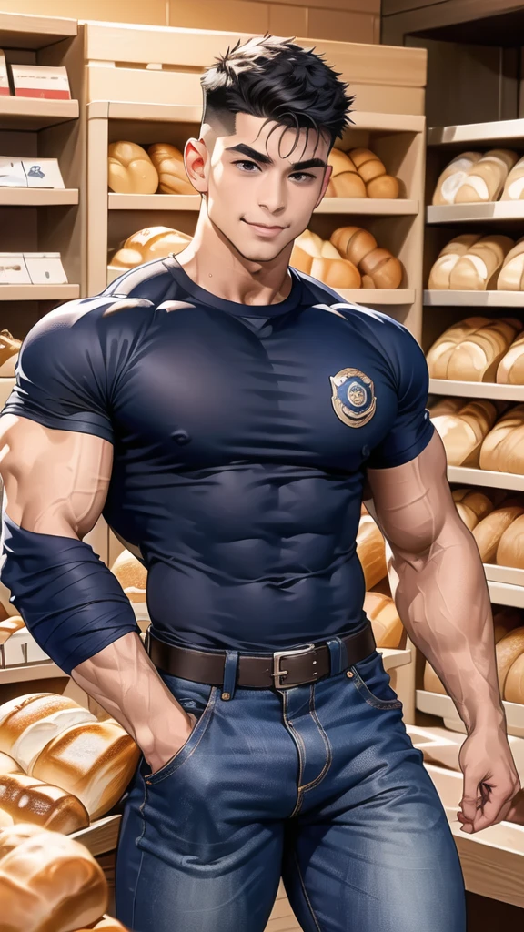 1 man,(Skinheads hairstyles) ,black eye,(Wear a fitted round neck t-shirt in navy with a police badge.:1.3),(fit neck),Navy blue jeans,(black_gloves), Korean guy,chest muscles,large arm muscles,blood vessel,Big muscles,Broad shoulders, smile, middle of the road,(In the desert:1.2),(full_shot:1.6),(In the bread shop:1.2),