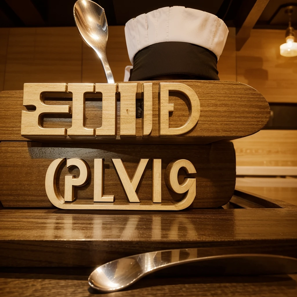 3D  logo for a restaurant with a elegant chef hat, written "KANZ CATTERING" by rounded logo, with the spoon and fork around it,  and around the logo written "Jln Husein Hamzah Gang Gunung Rinjani no47, 085261364954" photograph facing the front