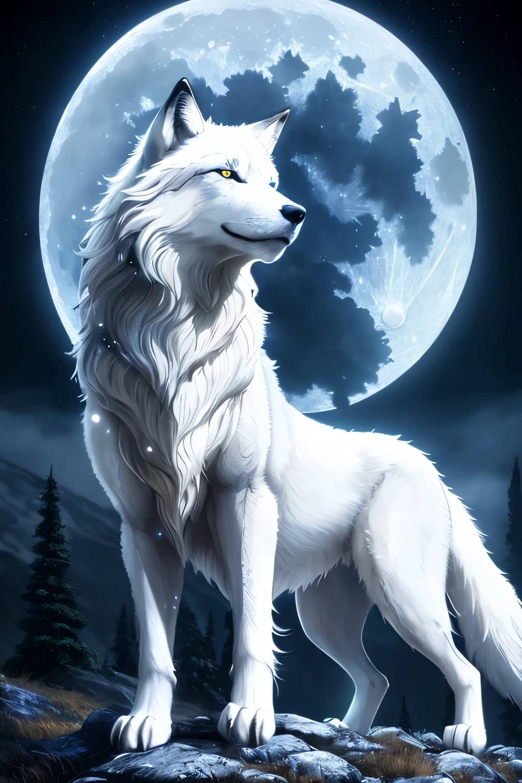 A majestic white wolf stands proudly atop a picturesque hill, illuminated by the soft glow of the full moon. The sky above is a canvas of twinkling stars, adding to the enchanting and mystical atmosphere. In the backdrop, the moon shines brightly, casting long shadows below the wolf. Its piercing blue eyes gleam with an air of ancient wisdom, as it roars with a fierce energy that echoes across the night. The white fur on its body is meticulously detailed, glowing under the moonlight, showcasing the wolf's powerful physique and primal beauty. This captivating scene is a masterpiece of dark fantasy art, perfectly portraying