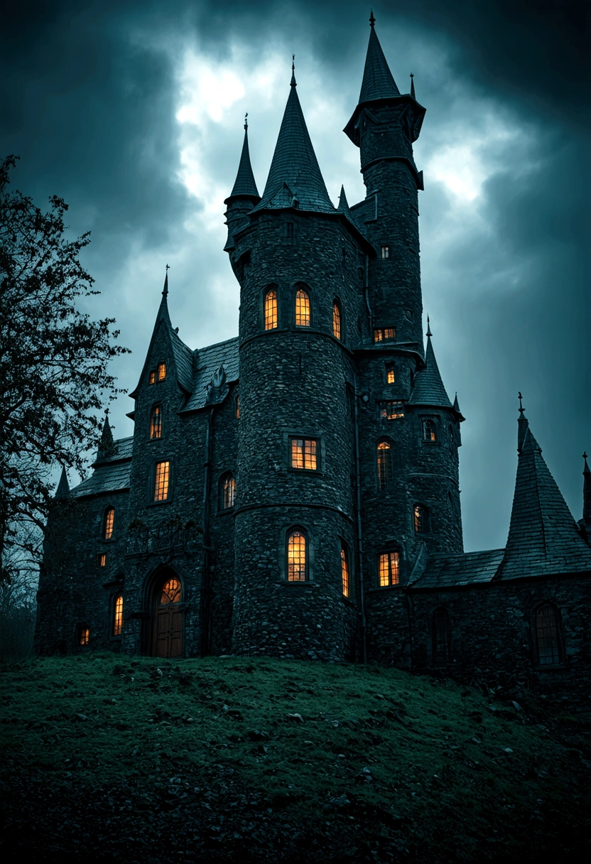 A Dark Gothic Castle in Ireland, Dark Magic, History Harry Potter, Very detailed, 8K, Reality, masterpiece, Dark Fantasy, Dramatic Lighting, GLOOMY AMBIANCE, surreal gothic pictures fotorealista

