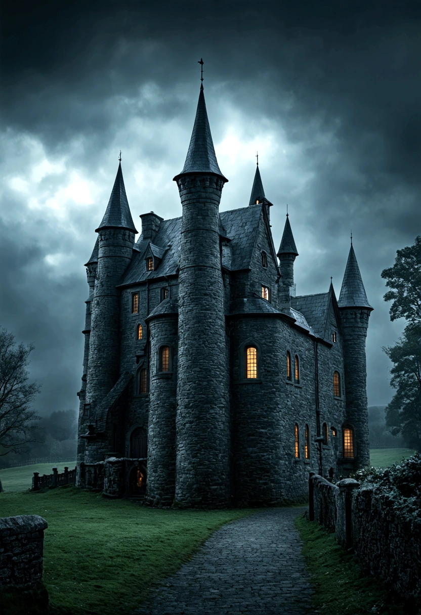 A Dark Gothic Castle in Ireland, Dark Magic, History Harry Potter, Very detailed, 8K, Reality, masterpiece, Dark Fantasy, Dramatic Lighting, GLOOMY AMBIANCE, surreal gothic pictures fotorealista