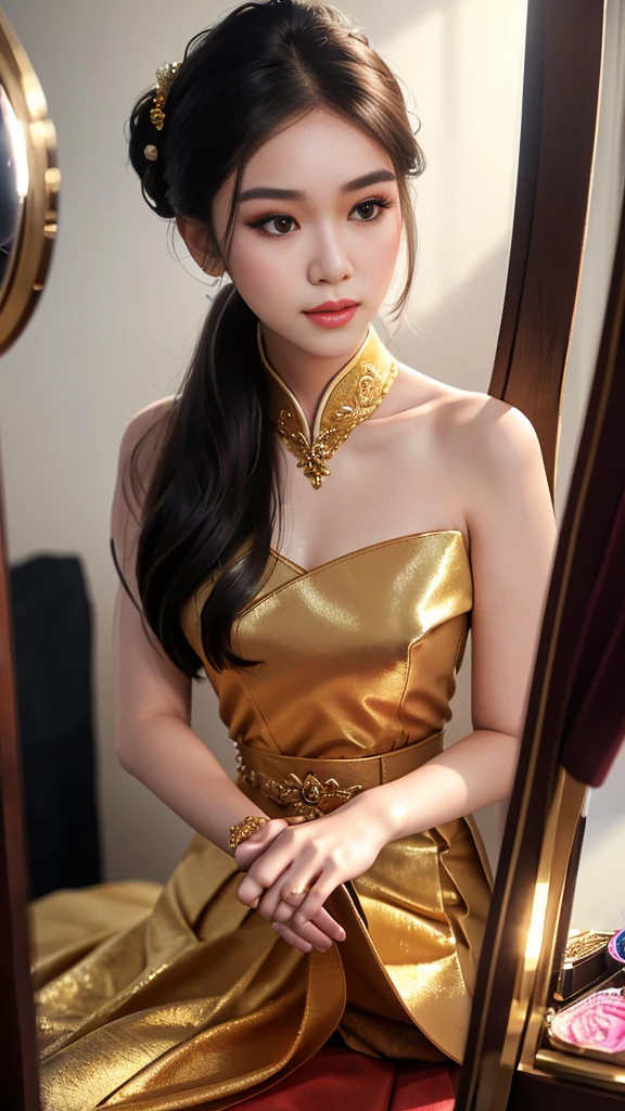 masterpiece, highest quality, HDR, high contrast, ((beautiful girl, Thai Female Soldier)), bun hair, highly detailed lips, detailed eyes, double eyelid, Make-up face. ((flchut thai dresses, strapless shirts)), just showing his face. pretty face. captivating. make-up face. long eyelashes, just showing his face. pretty face. captivating. make-up face. long eyelashes, just showing his face. pretty face. captivating. make-up face. long eyelashes, ((in front of the make-up mirror))
