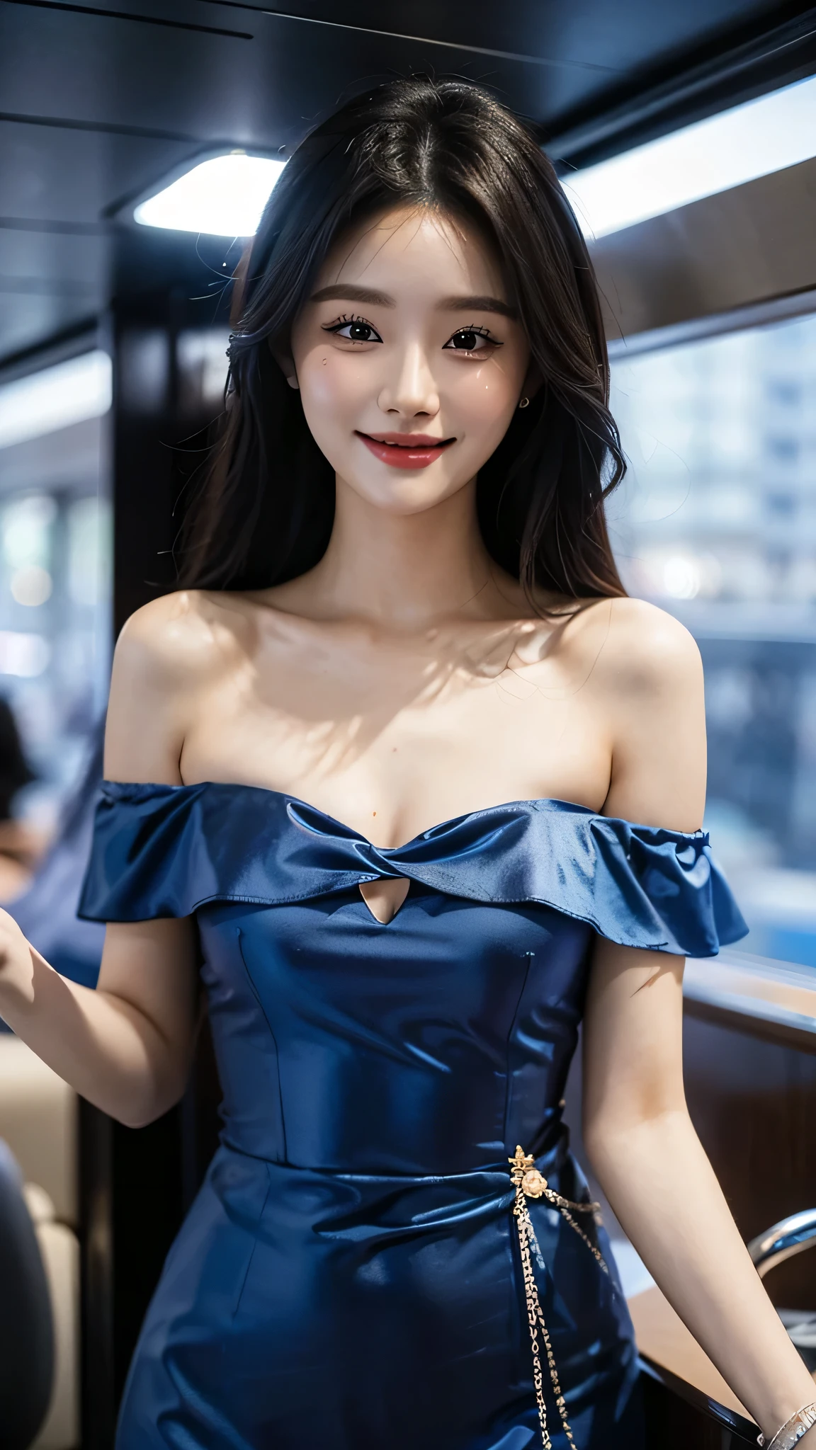 A sweet girl by the yatch luxury，voluminous hair，Delicate face，Photorealsitic，of a real，largeaperture，wears a blue dress，A cropped dress，Off-the-shoulder，A dress around the neck，Slim，smiles，Ultra-high resolution, Blurred background
