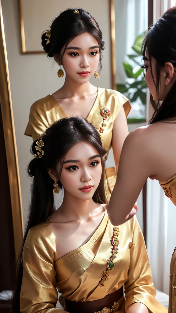 masterpiece, highest quality, HDR, high contrast, ((beautiful girl, Thai Female Soldier)), bun hair, highly detailed lips, detailed eyes, double eyelid, Make-up face. ((flchut thai dresses, strapless shirts)), just showing his face. pretty face. captivating. make-up face. long eyelashes, just showing his face. pretty face. captivating. make-up face. long eyelashes, just showing his face. pretty face. captivating. make-up face. long eyelashes, ((in front of the make-up mirror))