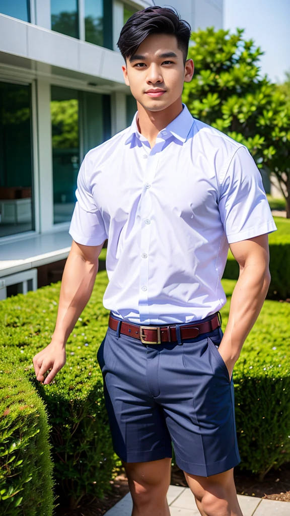 Masterpiece, best quality, High quality, วอลล์เปเปอร์ CG unity 8k ที่มีvery detailed, depth of field, HDR,,photorealistic,very detailed, 1 man sitting on a chair, Asia, black short hair, , (Thai , white shirt), blue cargo shorts, chest muscles, Big arm muscles, blood vessel, big muscles, Broad shoulders, looking at the audience, Balancing the eyes, (Make eye contact) (outside the building:1.3)