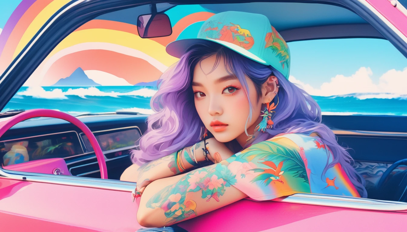 masterpiece, Highest quality, Rainbow Style, anime, Beautiful Asian Girl, K-Pop aesthetics and style, tattoo, tattoo - inspired, Sitting in a car, 80s American hippie style, Along the Hawaiian Coast, Cute and dreamy,