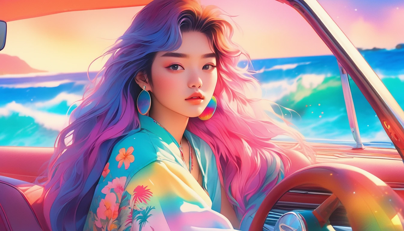 masterpiece, Highest quality, Rainbow Style, anime, Beautiful Asian Girl, K-Pop aesthetics and style, tattoo, tattoo - inspired, Sitting in a car, 80s American hippie style, Along the Hawaiian Coast, Cute and dreamy,