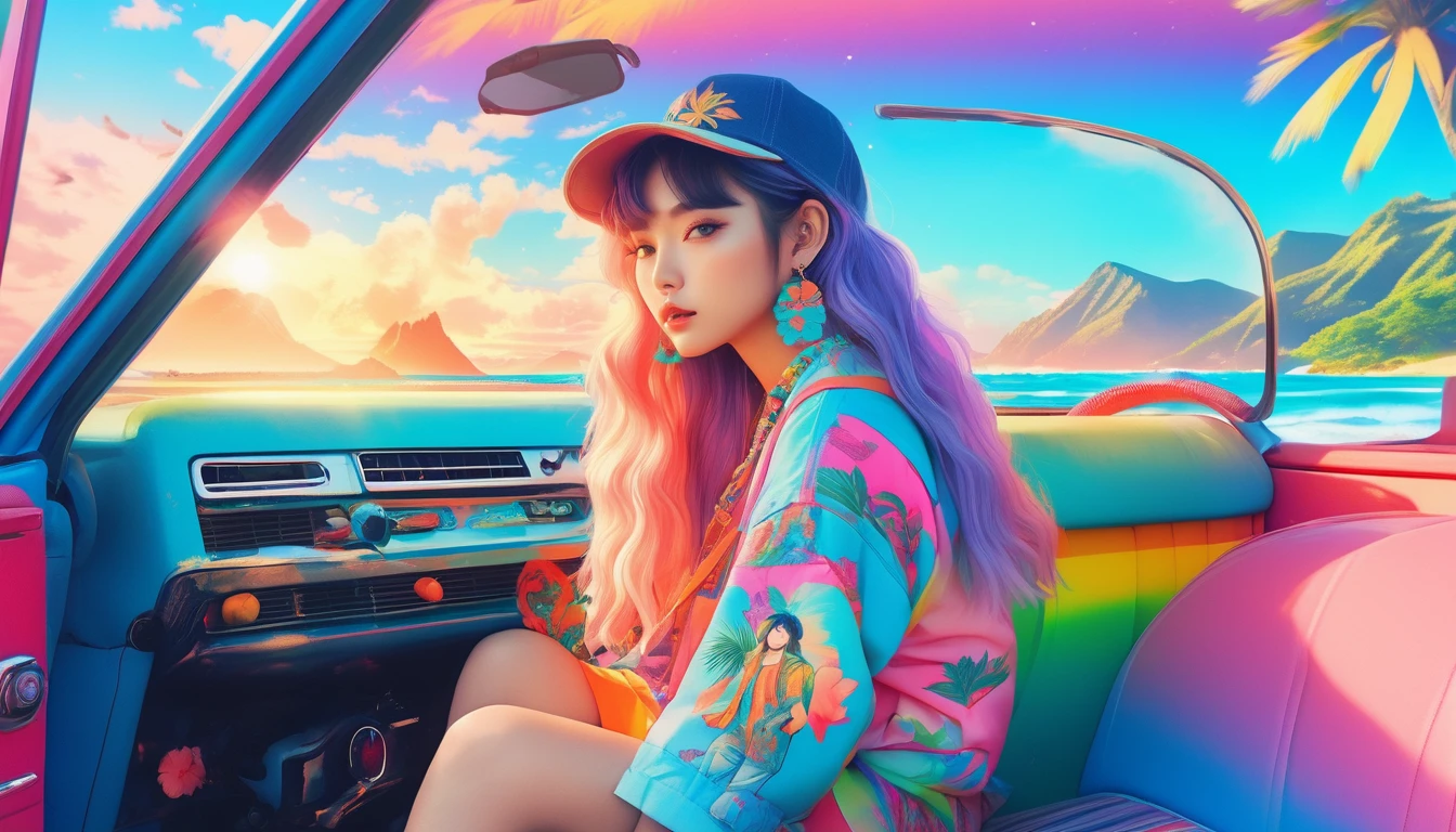 masterpiece, Highest quality, Rainbow Style, anime, Beautiful Asian Girl, K-Pop aesthetics and style, tattoo, tattoo - inspired, Sitting in a car, 80s American hippie style, Along the Hawaiian Coast, Cute and dreamy,