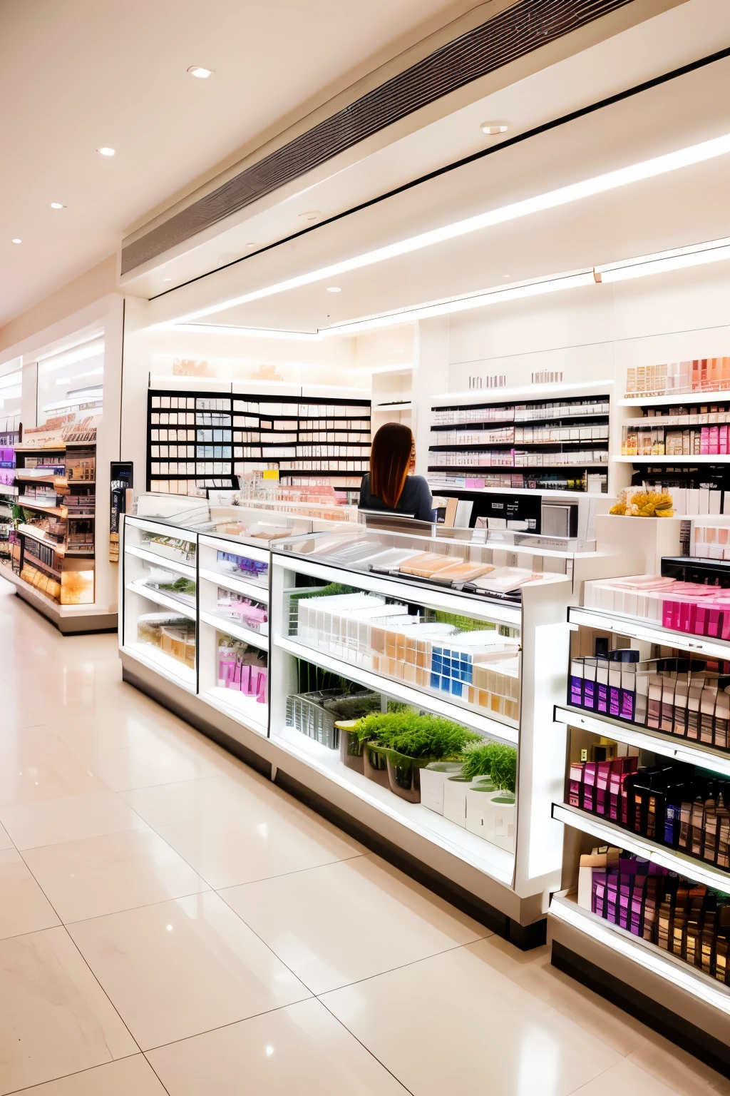 Ultra-detailed, photorealistic, immaculate shop scene, featuring a cosmetic store. A young woman, around 25 years old, with radiant skin, browses the aisles, showcasing the clean and organized design of the store. She wears a minimal makeup look, favouring dermocosmetic products for a natural and healthy appearance. The warm, inviting lighting highlights the array of skin care and beauty products, each carefully displayed. The ambiance is serene and relaxed, embodying the essence of a tranquil, modern self-care oasis. Shot on a Canon, 50 mm lens, with a shallow depth of field, and a