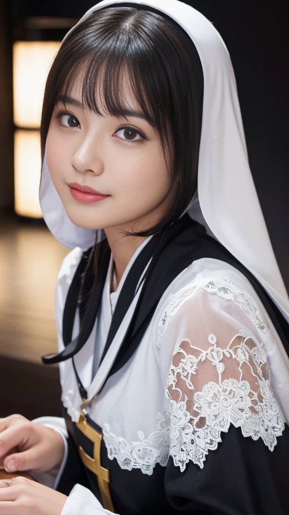 (オナニー:2.0),(A Ultra cute young Japanese nun:2.0),(she wearing a decorated with lace nun costume and scart slim fit:2.0),(beautiful detailed dropped eyes:2.0),beautiful detailed lips, (extremely detailed cute and beautiful face:2.0), longeyelashes, (slender woman body:1.5), (beautiful short hair:2.0), (natural makeup,big smile:1.5), incredibly beautiful skin,(professional lighting, bright lighting, photorealistic, 8k, high resolution, best quality, masterpiece, ultra-detailed:1.75), vivid colors, (Moonlit Night:1.5),(The moonlight shines on her face:1.2),(She is in the convent:1.2)