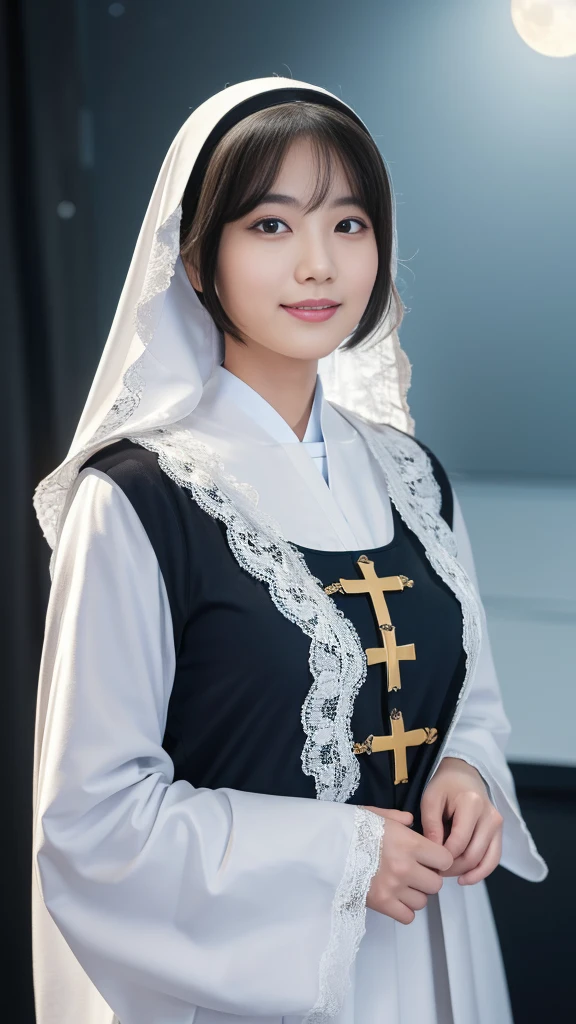 (オナニー:2.0),(A Ultra cute young Japanese nun:2.0),(she wearing a decorated with lace nun costume and scart slim fit:2.0),(beautiful detailed dropped eyes:2.0),beautiful detailed lips, (extremely detailed cute and beautiful face:2.0), longeyelashes, (slender woman body:1.5), (beautiful short hair:2.0), (natural makeup,big smile:1.5), incredibly beautiful skin,(professional lighting, bright lighting, photorealistic, 8k, high resolution, best quality, masterpiece, ultra-detailed:1.75), vivid colors, (Moonlit Night:1.5),(The moonlight shines on her face:1.2),(She is in the convent:1.2)