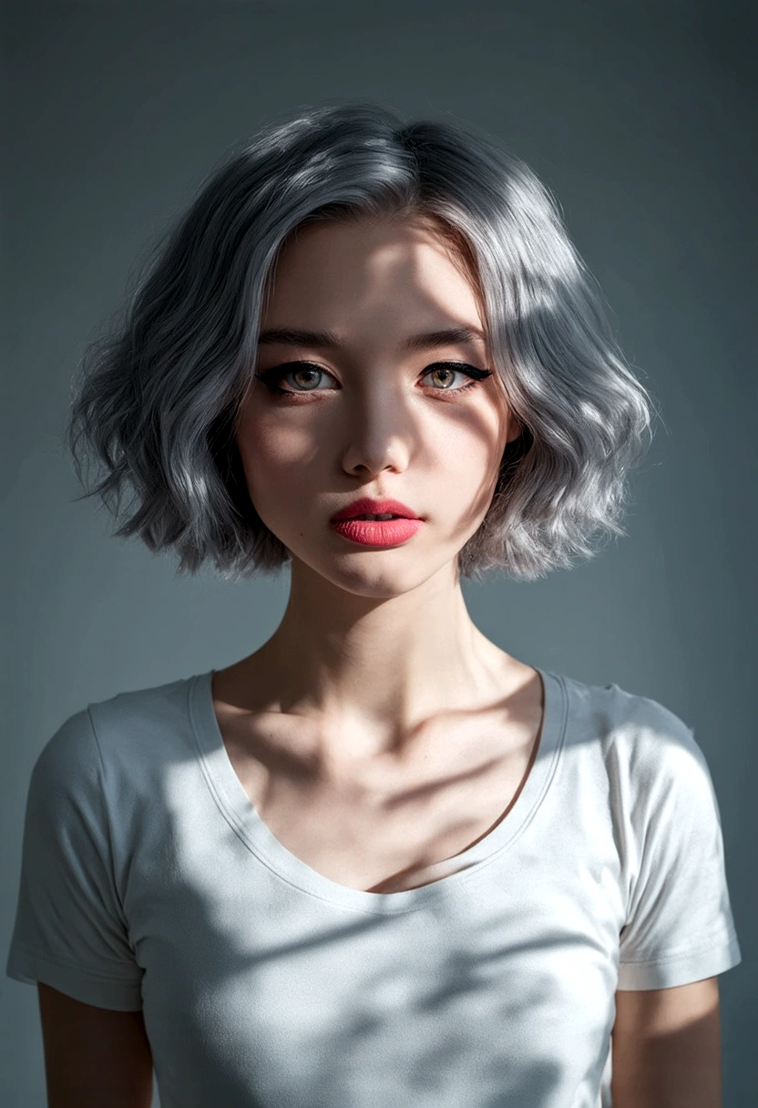 (((surreal))) photo, masterpiece, Top quality, (Pale skin), (Extremely detailed face and eyes:1.3), 1 girl, aldult, Wearing T-shirt, whole body, (Eye Makeup, mascara) , ((large, delicate lips)), ((Gray wavy hair)), ((Chiolca)) , (natural breast), Slim waist. ((Strike a pose)), photo, studio (soft light), (The interpretation of light and shadow), Depth of Field, bokeh, (Pay special attention to skin details: 1.2), detailed leather texture, skin pores. (Airy atmosphere of the frame. Color Range - Delicate, bright, White, Pink), dr, ((Film Grain)), ((Rays)), ((Blinding sunlight)), ((Waist Up Portrait, Close to the camera)) , Super detailed, short hair
