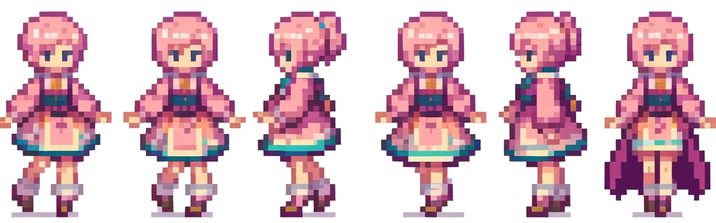the very same person character chips , masterpiece , best quality , pixel , pixel art , xiangsu , xiang su , sequence frames , walking, letft oblique view , 5 poses m put out one's left foot , put out one's right foot , stay , 1 girl , fantasy clothes , full body , white background , heroine , deformed , sexy , chibi , Highly Exposed , angel , pink clothes , pink hair , walking frame