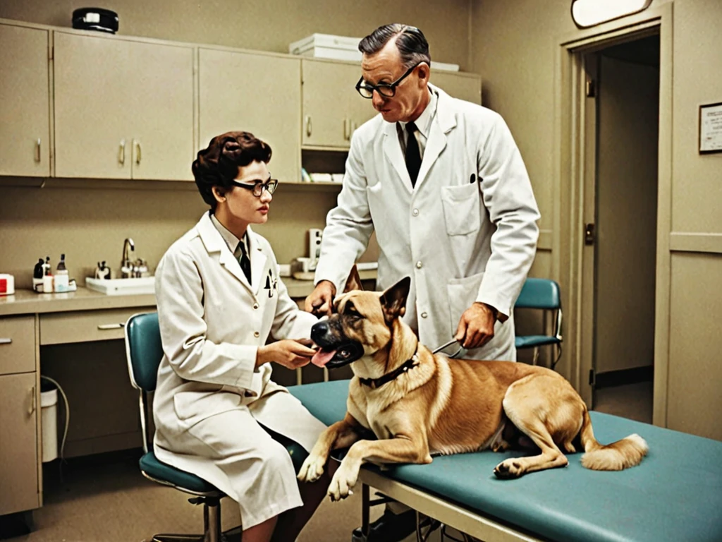 In a 1960s examination room、Dr. Levinson and his patient、And the dog is with him。Dogs stay with patients、The patient's expression is relaxed