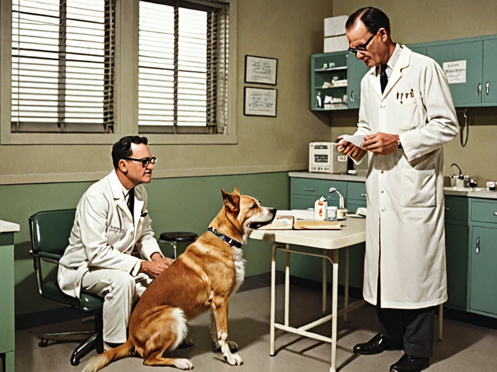 In a 1960s examination room、Dr. Levinson and his patient、And the dog is with him。Dogs stay with patients、The patient's expression is relaxed