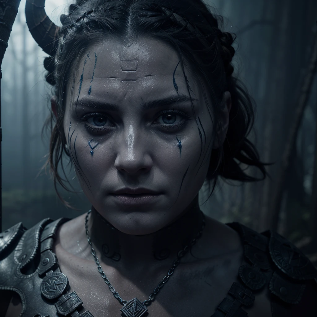 Create an AI-generated montage inspired by "Hellblade: Senua's Sacrifice," capturing the dark and mystical essence of the game, including Senua with her iconic appearance (blue war paint, Viking attire, intense gaze), Nordic landscapes such as dark forests, imposing mountains, and ancient ruins with natural elements like mist, rain, and supernatural light bursts, runic symbols and Celtic motifs, representations of mythological deities or creatures, psychological effects like distorted faces, menacing shadows, and visual illusions to depict Senua's internal struggle against her psychosis, featuring a dark ambiance using a color palette primarily composed of blues, grays, and blacks, incorporating the texts "Hellblade: Senua's Sacrifice" and "Plunge into the darkness of the mind," using realistic textures for natural elements and clothing, ensuring visual consistency in colors and styles, and including subtle details referencing specific game elements like Senua's psychosis symbol or the tormenting voices.