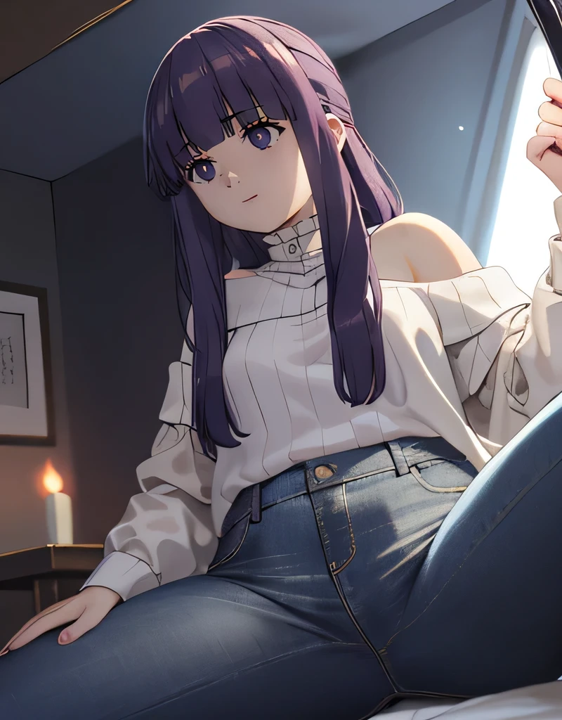 (Highest quality, masterpiece),sexy, erotic, 1 Girl, 18-year-old, despise, pride, Long purple hair, ((Purple eyes)), White Skirt,,Looking at the audience, Medieval Tavern, (close), ((Dark Room)), Sweat, Candlelight, ((blush)), Off the shoulder, Split, floor(((High resolution)))、(((masterpiece)))、Beautiful Japanese Girl、Perfect Face、Cute face、(Plump thighs)、((turtleneck))、(((jeans)))、office、((Sexual Panties:0.9))、((Spread your legs wide:1.4))、