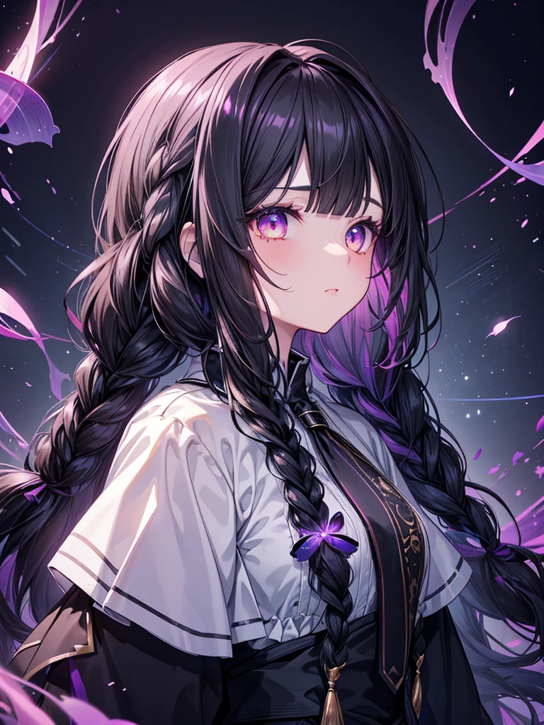 (masterpiece),(top-quality),(ultra-detailliert),hight resolution,in 8K animation,1girl,black wavy hair,twin braids,(round eyes),blunt bangs,a lot of glowing particles,dreamcore,[purple eyes:(gold eyes):0.55],profile,(beautifull detailed face),(beatiful detailed eyes)