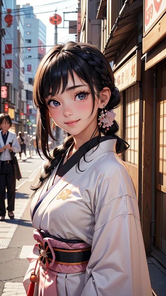 1 female,18 year old,smile:1.3,(BLACK eyes:1.3),((8K,masterpiece,Perfect Anatomy)),Cowboy Shot,(Beautiful and exquisite face and eyes,gorgeous eyes:1.3) ,Black Hair:1.3,bangs,smile,blush,Small breasts,Tokyo street、((Background blur)),((Japanese idol costumes:1.3))、french braid,Street Snap、