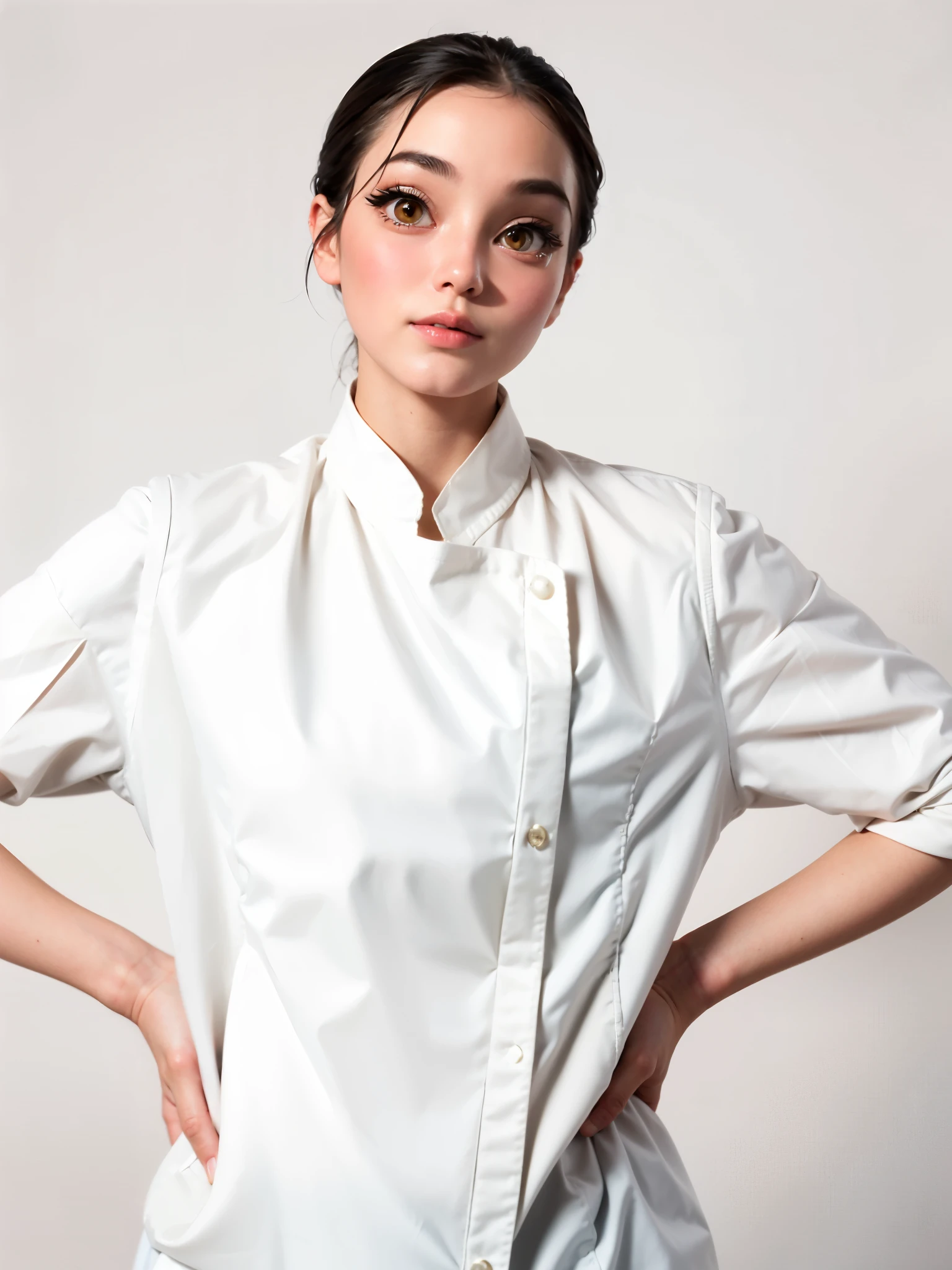 there is a woman in a white shirt and tie posing for a picture, white uniform, portrait of modern darna, inspired by Chen Lu, inspired by Chen Chun, closed up portrait, digital art of an elegant, dressed as a pastry chef, inspired by Yukimasa Ida, with shoulder pads, inspired by Zhou Wenjing, inspired by Andrée Ruellan, 8k portrait, detailed intricate fabric texture, (charcoal black theme:1.3), spiral patterns, body freckles, bright, high quality image, masterpiece, detailed hair texture, detailed skin texture, detailed cloth texture, 8k, add fabric details, ultra detailed skin texture, ultra detailed photo, skin pores, cloth details, high skin details, realistic hair details, (8K, RAW photo, best quality, masterpiece:1.2), (realistic, photo-realistic:1.4), ultra-detailed (grainy:0.2)
