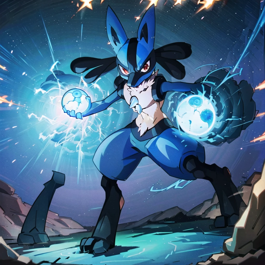 lucario, red eyes, attack stance, casting a blue energy ball, detailed, professional lights, spikes, anime, centered, outside, cave, blue fur, wolf, medium muzzle, ((sparks around body))