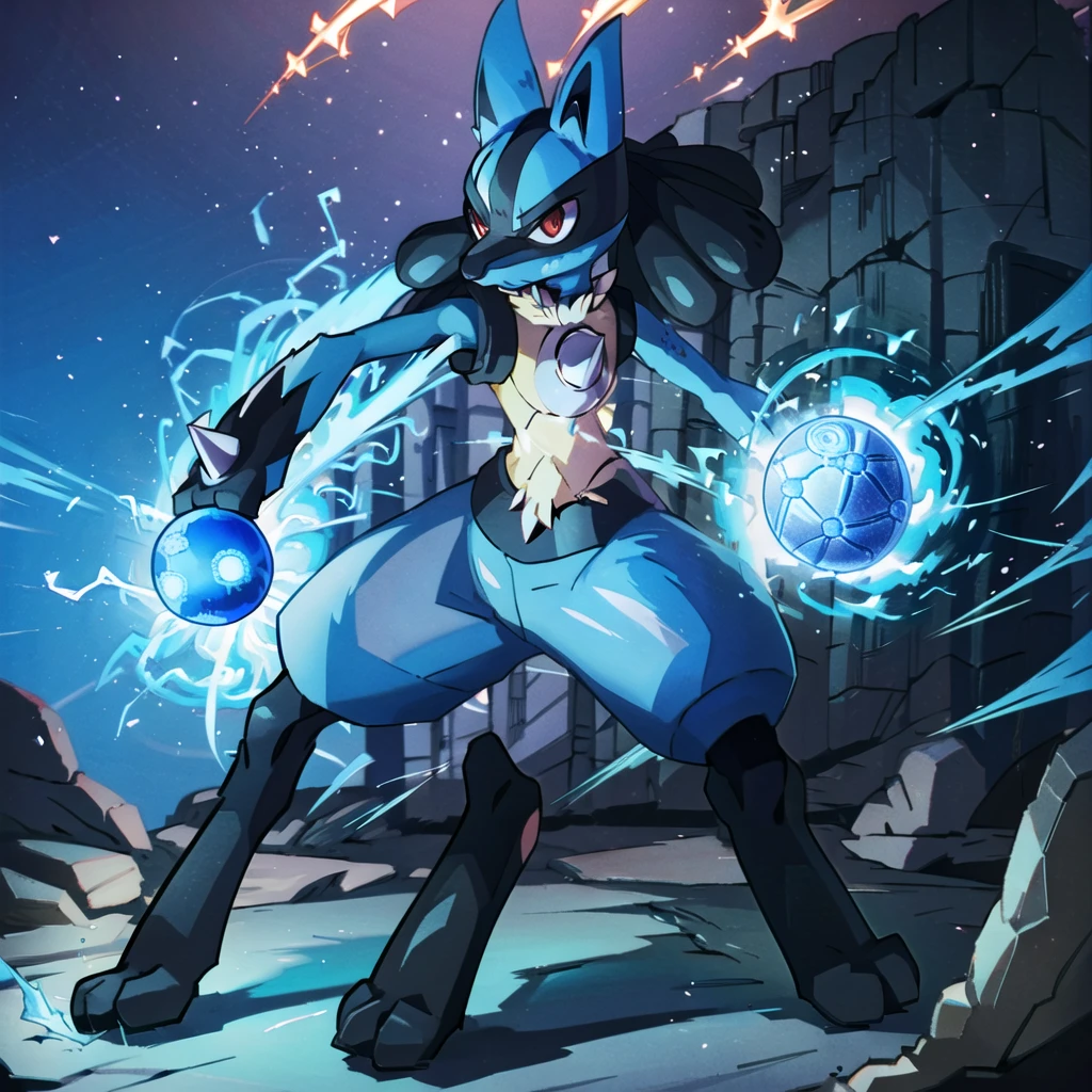 lucario, red eyes, attack stance, casting a blue energy ball, detailed, professional lights, spikes, anime, centered, outside, cave, blue fur, wolf, medium muzzle, ((sparks around body))