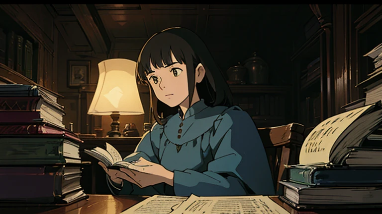 A girl, ensconced in a cozy corner on a rainy evening, sits surrounded by a jumble of books with an intensely profound study attitude. The soft yellow glow of the desk lamp illuminates her thoughtful expression, revealing her deep concentration and composed posture. Her inquisitive eyes dart back and forth between the pages, her nimble fingers turning them with subtle tilt, as she absorbs the old world wisdom contained within. The timeworn margins and sultry aura of the books add to the quiet night ambiance, creating a peaceful and tranquil countenance. This scholarly young woman, clad in plain attire, appears to be a seeker of knowledge and intellect
