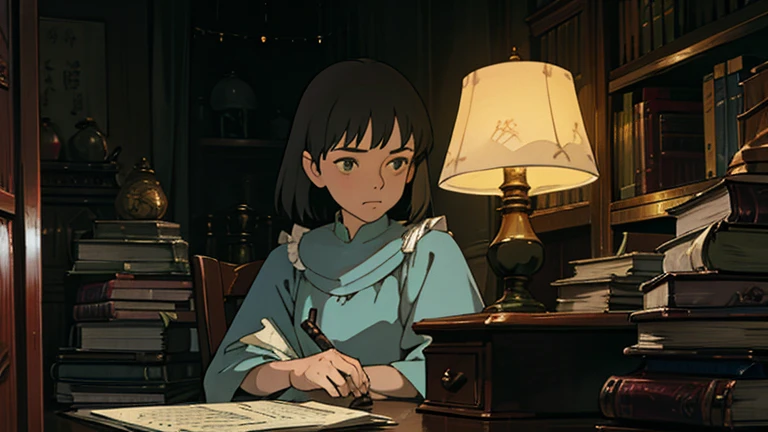A girl, ensconced in a cozy corner on a rainy evening, sits surrounded by a jumble of books with an intensely profound study attitude. The soft yellow glow of the desk lamp illuminates her thoughtful expression, revealing her deep concentration and composed posture. Her inquisitive eyes dart back and forth between the pages, her nimble fingers turning them with subtle tilt, as she absorbs the old world wisdom contained within. The timeworn margins and sultry aura of the books add to the quiet night ambiance, creating a peaceful and tranquil countenance. This scholarly young woman, clad in plain attire, appears to be a seeker of knowledge and intellect