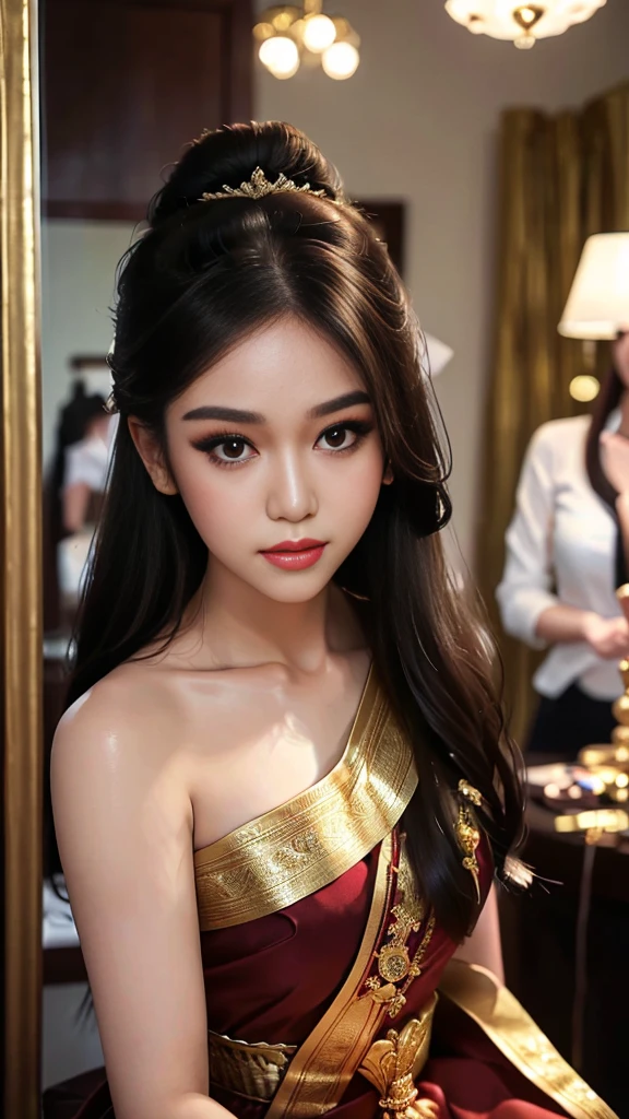 masterpiece, highest quality, HDR, high contrast, ((beautiful girl, Thai Female Soldier)), bun hair, highly detailed lips, detailed eyes, double eyelid, Make-up face. ((flchut thai dresses, strapless shirts)), just showing his face. pretty face. captivating. make-up face. long eyelashes, just showing his face. pretty face. captivating. make-up face. long eyelashes, just showing his face. pretty face. captivating. make-up face. long eyelashes, ((in front of the make-up mirror))