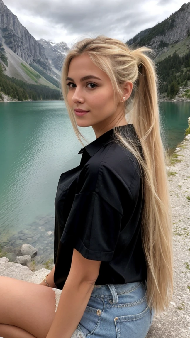 A 23-year-old blonde woman, ((hiperrealismo)) ,. blonde hair with light brown roots. cabello rubio, Hair with brown roots, cabello extra largo, cabello muy largo, really long hair, ponytail hair, Beautiful, Front view, selfie, photo taken with iPhone, elegant black shirt with escote, escotada, selfie sitting near an alpine lake, high quality, selfie iPhone, cleavage