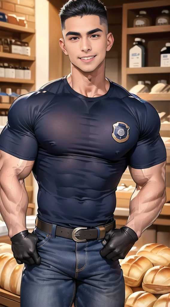 1 man,(Skinheads hairstyles) ,black eye,(Wear a fitted round neck t-shirt in navy with a police badge.:1.3),(fit neck),Navy blue jeans,(black_gloves), Korean guy,chest muscles,large arm muscles,blood vessel,Big muscles,Broad shoulders, smile, middle of the road,(full_shot:1.6),(In the bread shop:1.2),