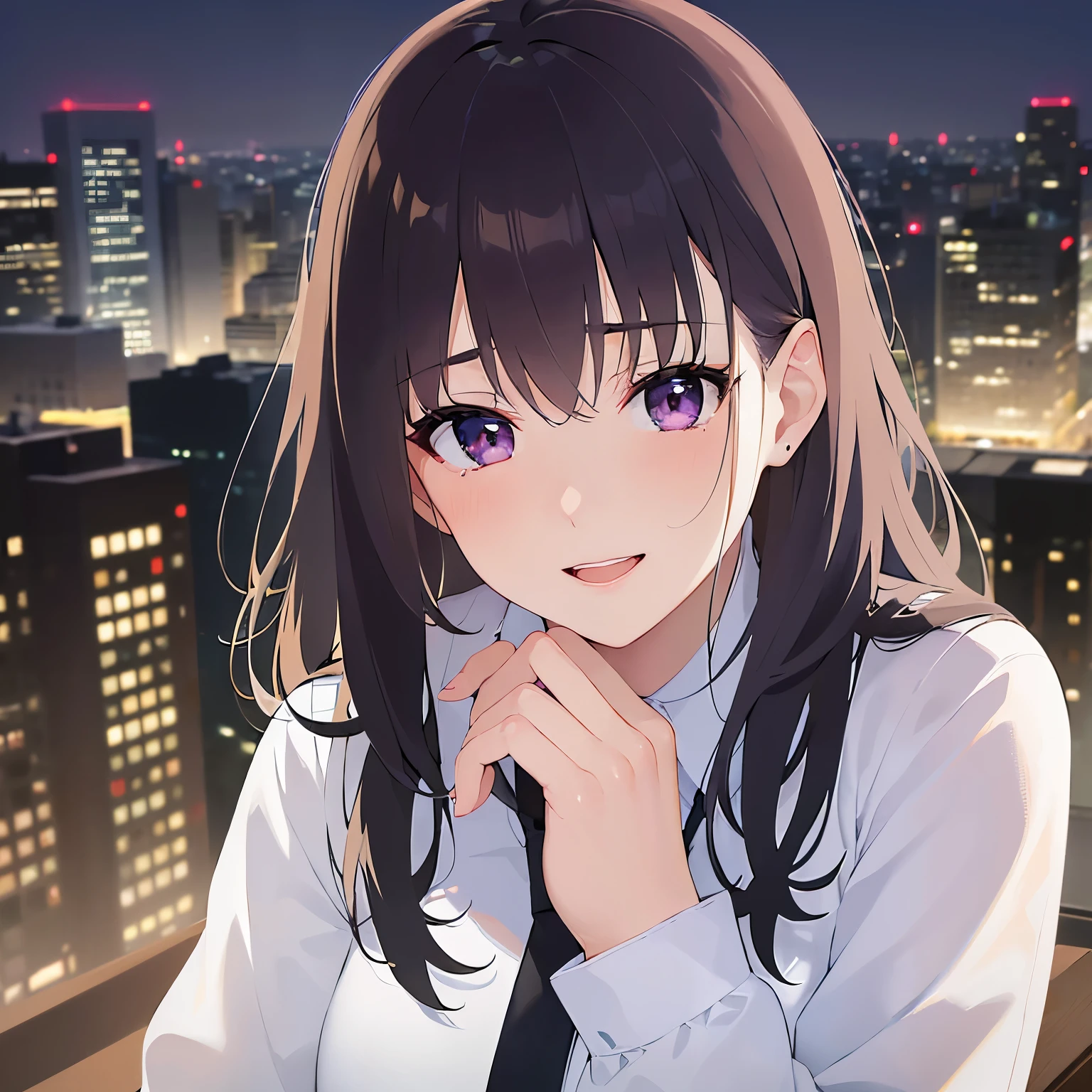 Detailed CG, Ultra-fine illustrations,masterpiece,highest quality, AW Photos,Realistic,BREAK(white collared shirt:1.5)BREAK,(Pale skin:1.2),Shiny skin Shiny Hair,(A 26-year-old woman with straight hair and bangs)and(Medium Hair)and(Black Hair)and(Purple eyes),(smile:1.5)and(upturned eyes:1.3)and(blush),(open mouth),(Hands wiping away tears),(Biologically correct５Fingesurprised)and(missing fingers),The background is the city at night,alone,from above