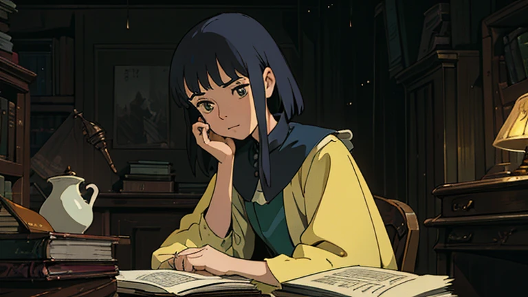 A girl, ensconced in a cozy corner on a rainy evening, sits surrounded by a jumble of books with an intensely profound study attitude. The soft yellow glow of the desk lamp illuminates her thoughtful expression, revealing her deep concentration and composed posture. Her inquisitive eyes dart back and forth between the pages, her nimble fingers turning them with subtle tilt, as she absorbs the old world wisdom contained within. The timeworn margins and sultry aura of the books add to the quiet night ambiance, creating a peaceful and tranquil countenance. This scholarly young woman, clad in plain attire, appears to be a seeker of knowledge and intellect