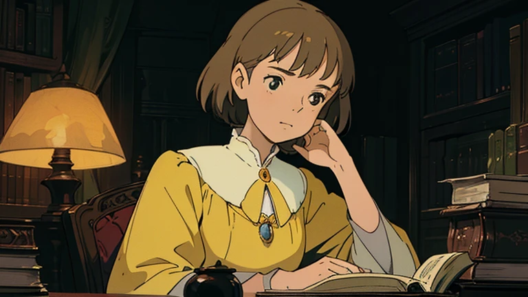 A girl, ensconced in a cozy corner on a rainy evening, sits surrounded by a jumble of books with an intensely profound study attitude. The soft yellow glow of the desk lamp illuminates her thoughtful expression, revealing her deep concentration and composed posture. Her inquisitive eyes dart back and forth between the pages, her nimble fingers turning them with subtle tilt, as she absorbs the old world wisdom contained within. The timeworn margins and sultry aura of the books add to the quiet night ambiance, creating a peaceful and tranquil countenance. This scholarly young woman, clad in plain attire, appears to be a seeker of knowledge and intellect