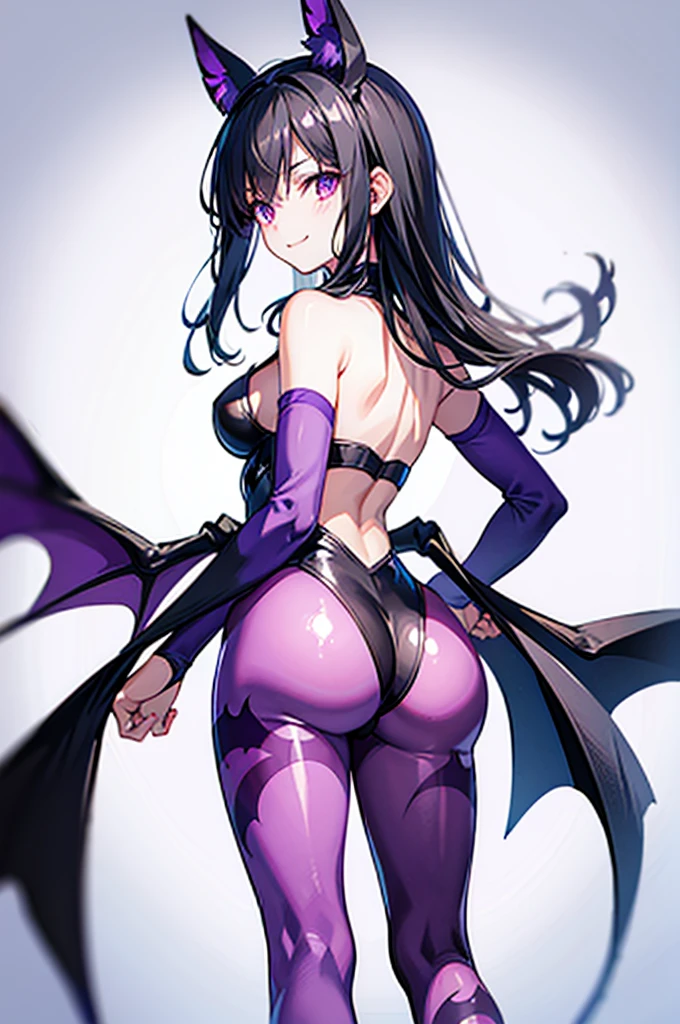 Highest quality　Highest quality　Draw a face carefully　High-definition anime-style face　Super Glowing Skin　Long black hair　Black leotard　Bat-print purple pantyhose　Succubus　lure　smile　Back view　Rear view