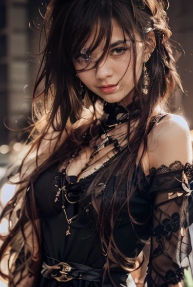 ((1 beautiful girl, gorgeous, large firm push up breasts, black dresses, neckline, 20 years old)),black hairs green eyes),Raw photo,ultra realistic, uhd, realistic skin and hairs, best quality,16k resolution,vivid colors, (((the most beautiful cute girl faces in the world))), ear rings, beautiful make up