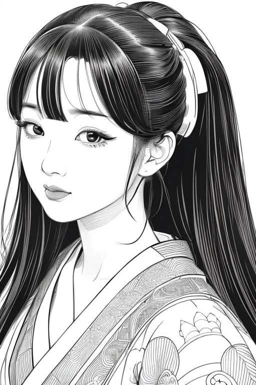 Depicting a realistic and cute ukiyo-e illustration of a woman in a kimono that conveys Japanese culture. The illustration is a illustration with detailed facial features and cartoon-style visuals, (high contrast, sketch, monochrome, clean line drawings for coloring book:1.5)
