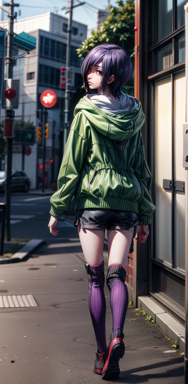 green hoodie, shorts, red thighhighs Beautiful face, blue-purple hair, blue-purple eyes, cold facial features, white skin, Kirishima Touka, Tokyo Ghoul 
