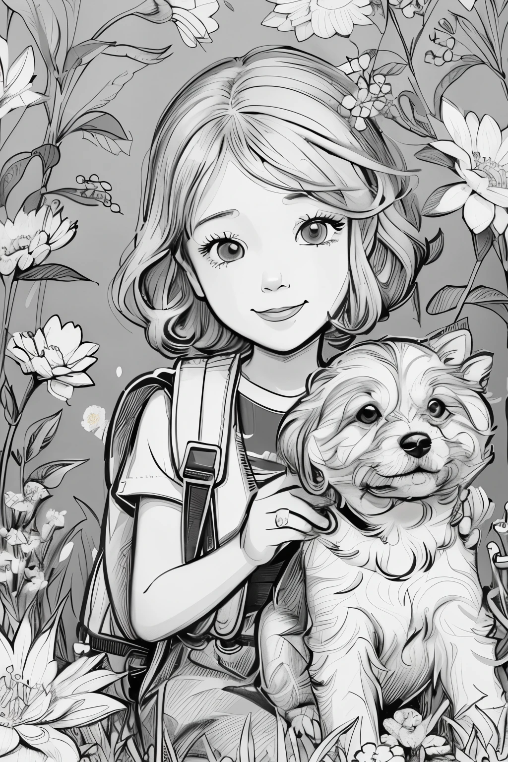 A very adorable with a backpack and her cute puppy enjoying a beautiful spring walk surrounded by flowers and nature. The illustration is a illustration with detailed facial features and cartoon-style visuals, (high contrast, sketch, monochrome, clean line drawings for coloring book:1.5)