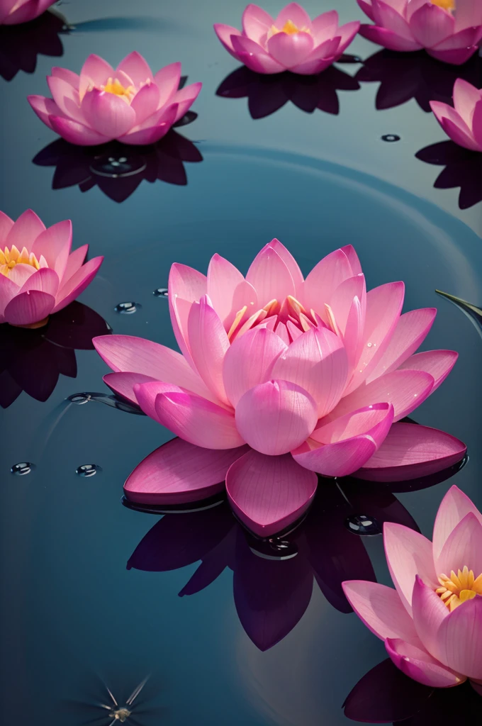 Stunning photography of a huge deep bright  pink lotus made by cryestal .with cryestal effect . on a cryestal blue lake .water drops on flower .3d render full screen 