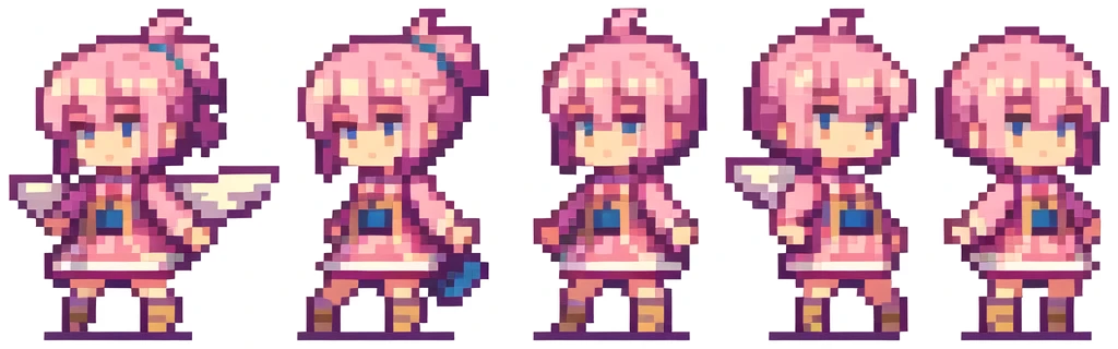 the very same person character chips , masterpiece , best quality , pixel , pixel art , xiangsu , xiang su , sequence frames , walking, PixelartFSS , 5 poses m put out one's left foot , put out one's right foot , stay , 1 girl , fantasy clothes , full body , white background , heroine , deformed , sexy , chibi , Highly Exposed , angel , pink clothes , pink hair , walking frame