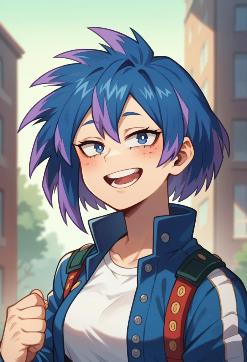 Screenshot of My Hero Academia, a girl with , Long almost black blue hair with purple highlights, with sapphire blue eyes and purple shadow with a tender look with purple freckles and happy wearing the boku no hero academia UA style