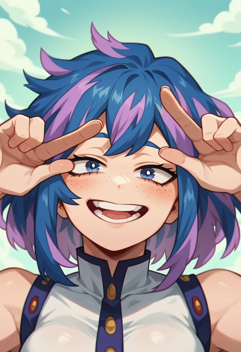 Screenshot of My Hero Academia, a girl with , Long almost black blue hair with purple highlights, with sapphire blue eyes and purple shadow with a tender look with purple freckles and happy wearing the boku no hero academia UA style