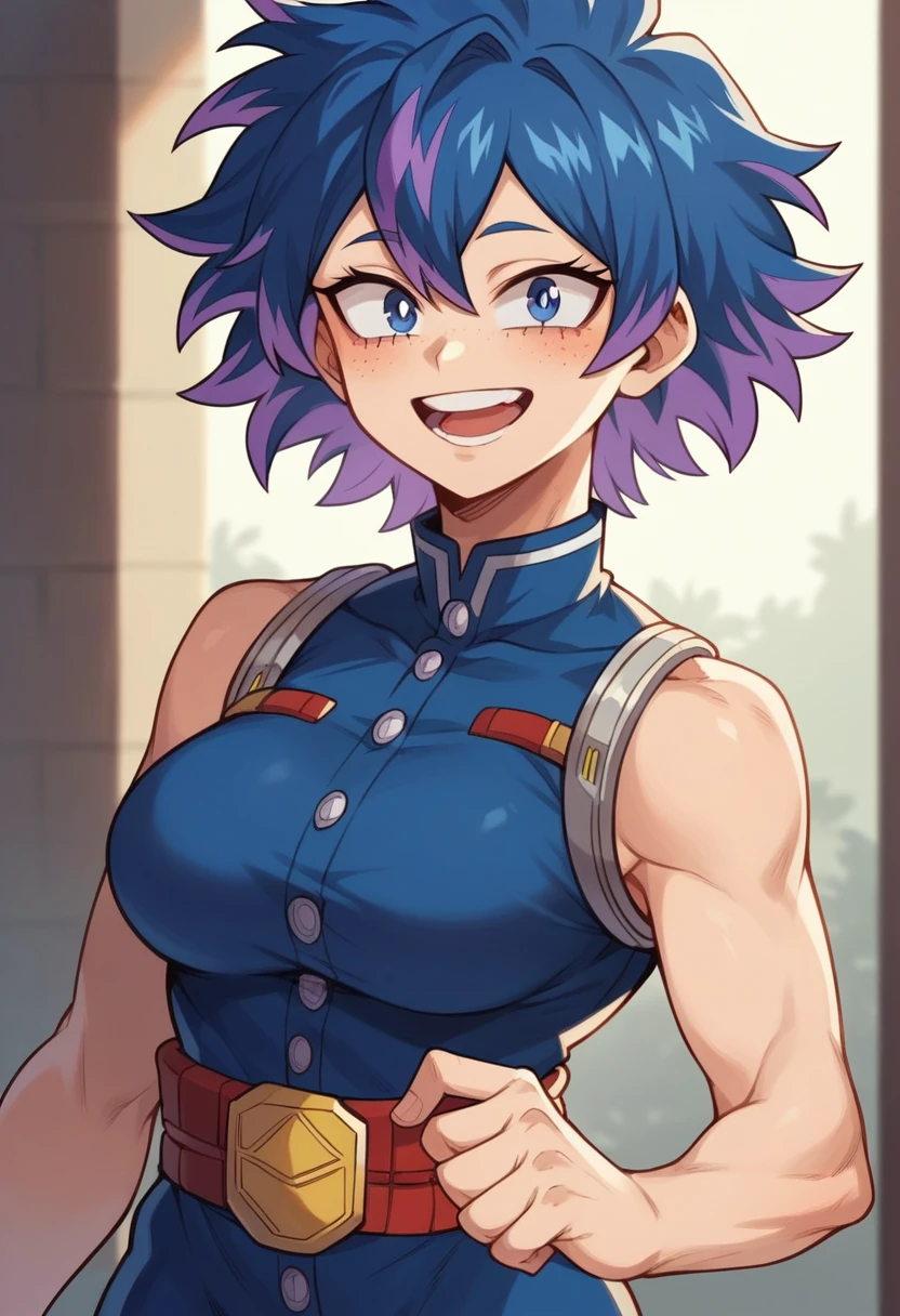 Screenshot of My Hero Academia, a girl with , Long almost black blue hair with purple highlights, with sapphire blue eyes and purple shadow with a tender look with purple freckles and happy wearing the boku no hero academia UA style