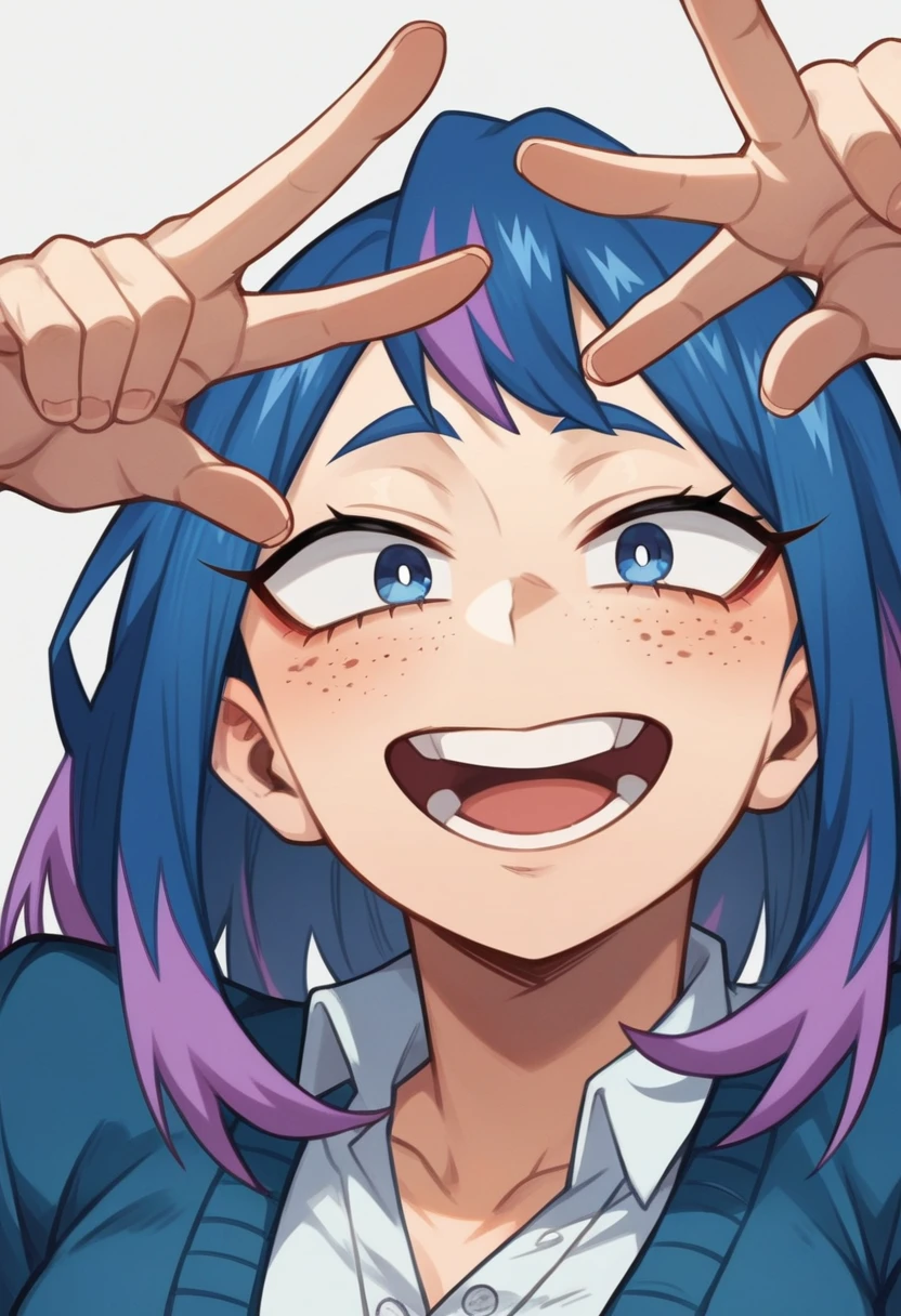 Screenshot of My Hero Academia, a girl with , Long almost black blue hair with purple highlights, with sapphire blue eyes and purple shadow with a tender look with purple freckles and happy wearing the boku no hero academia UA style