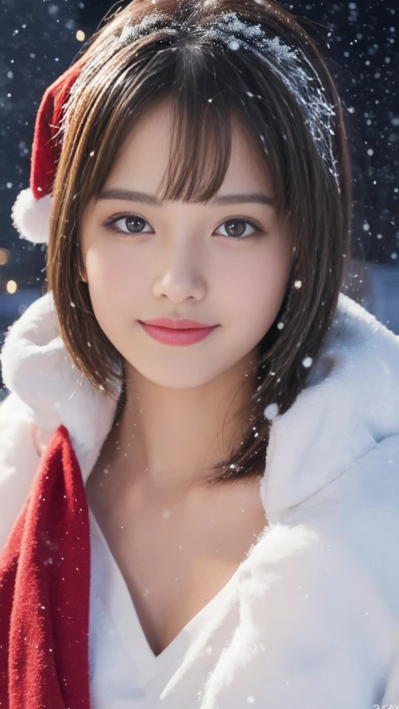 1girl, (santa claus costume slim fit:1.5), symmetry,(Cute ultra young girl:2.0), (slender woman body:1.5), (ultra short hair:1.75), ultra big smile, (Beautiful large round droped detailed eyes:1.5), beautiful detailed lips, (extremely detailed beautiful face, natural makeup, Incredibly beautiful skin:2.0), (best quality,4k,8k,highres,masterpiece:2.0),(ultra-detailed,realistic,photorealistic,photo-realistic:1.75),professional,vivid colors,studio lighting,(snowing night town,christmas eve:1.25)