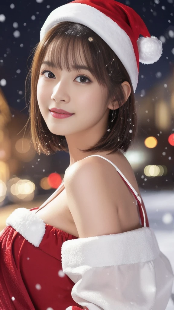 1girl, (santa claus costume slim fit:1.5), symmetry,(Cute ultra young girl:2.0), (slender woman body:1.5), (ultra short hair:1.75), ultra big smile, (Beautiful large round droped detailed eyes:1.5), beautiful detailed lips, (extremely detailed beautiful face, natural makeup, Incredibly beautiful skin:2.0), (best quality,4k,8k,highres,masterpiece:2.0),(ultra-detailed,realistic,photorealistic,photo-realistic:1.75),professional,vivid colors,studio lighting,(snowing night town,christmas eve:1.25)
